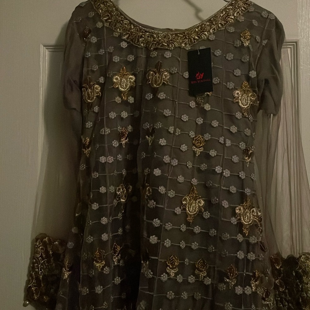 Brand new 3 piece embroidered net suit with gharara style pant